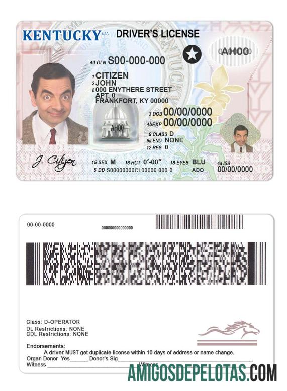 Carteira de motorista dos EUA em Kentucky exemplo